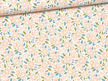 Baumwolle Patchworkstoff Meadow in fröhlichem Blumenmuster mit zarten Farben und botanischen Details.