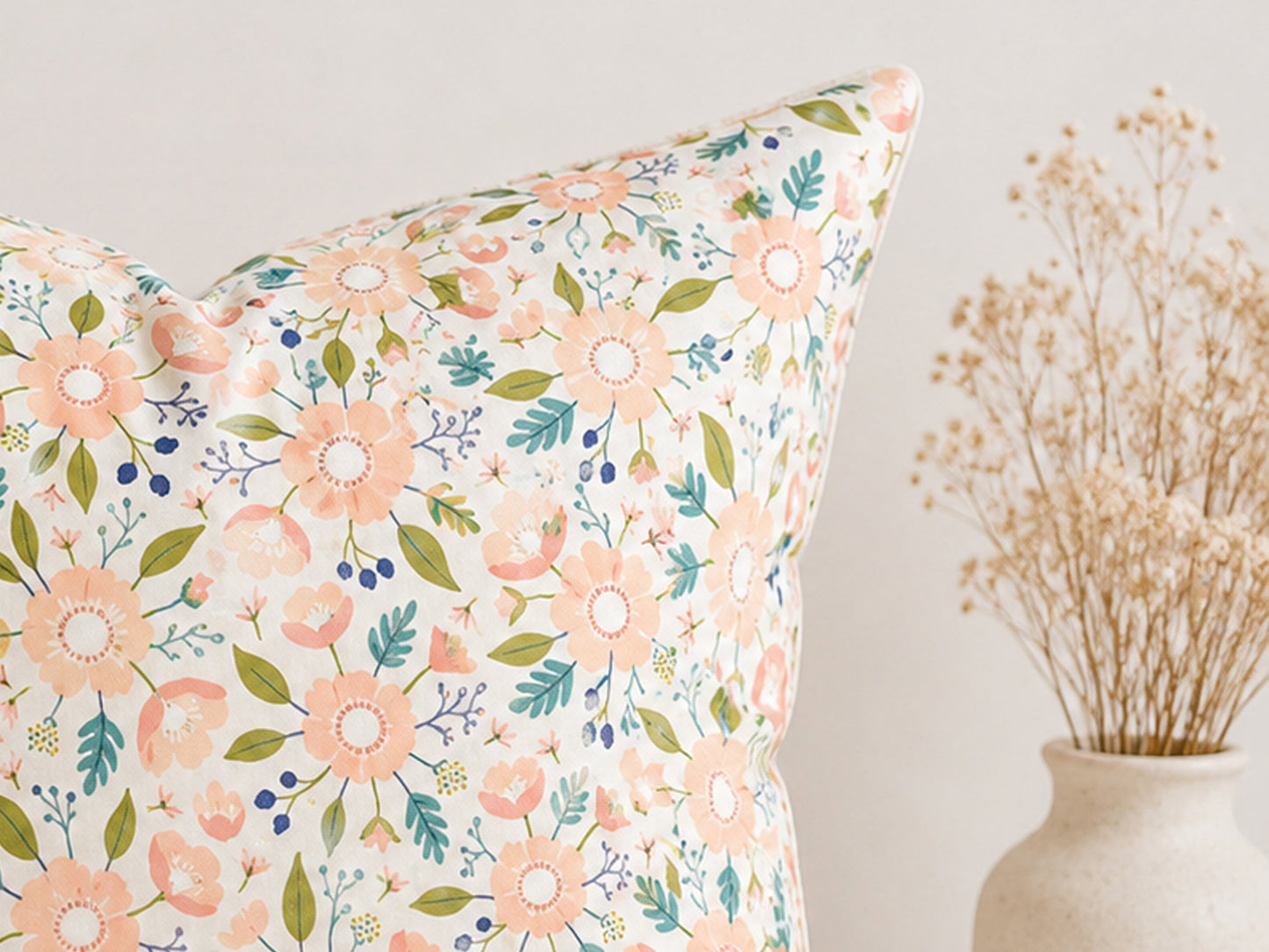 Baumwolle Patchworkstoff Meadow mit floralen Mustern auf einem Kissen, dekoriert mit Trockenblumen in Vase.