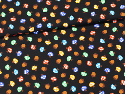 Patchworkstoff - Baumwolle Stoff - Colorful Mushrooms: bunte Pilze auf schwarzem Hintergrund aus Baumwolle