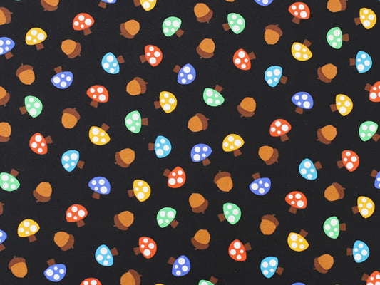 Patchworkstoff - Baumwolle Stoff - Colorful Mushrooms design featuring colorful mushrooms and acorns on black background.