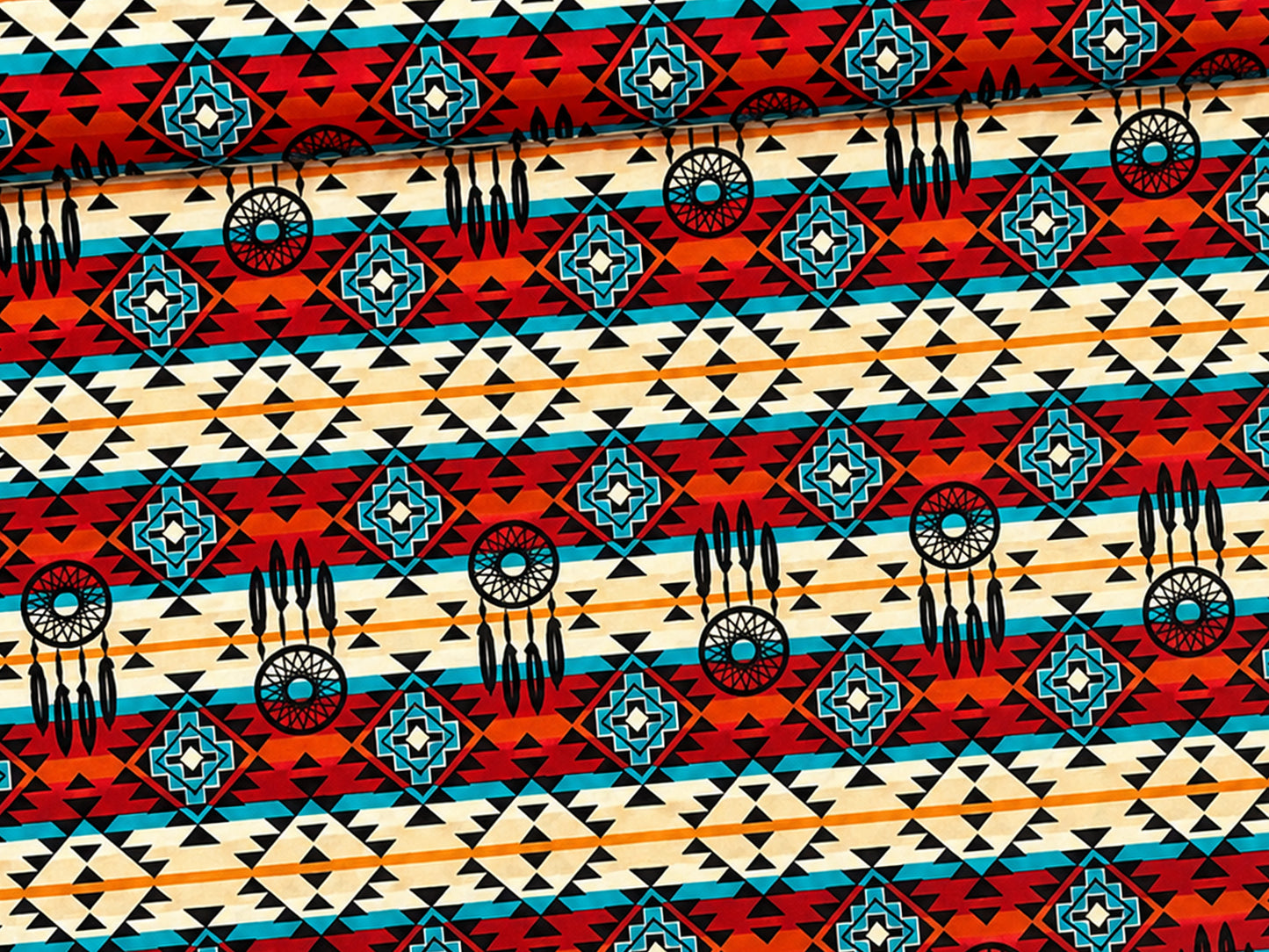 Patchwork cotton fabric featuring vibrant geometric patterns in red, blue, and beige shades.