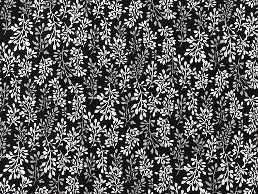 Patchworkstoff - Baumwolle Stoff - Fade to Black, Leaves in einem eleganten Muster aus weißen Blättern auf schwarzem Hintergrund.