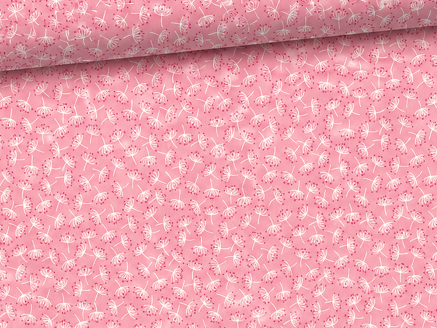 Baumwolle Patchworkstoff It's a Hoot Dandelion, Pink mit süßem Dandelion-Muster auf rosa Hintergrund.