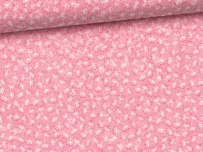 Baumwolle Patchworkstoff It's a Hoot Dandelion, Pink mit süßem Dandelion-Muster auf rosa Hintergrund.