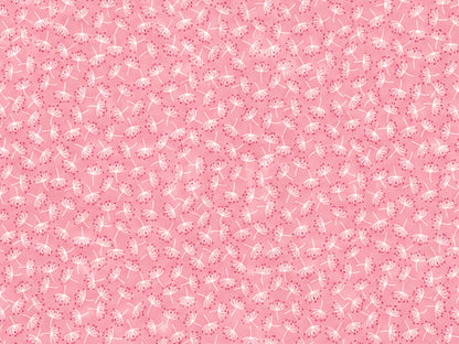 Baumwolle Patchworkstoff It's a Hoot Dandelion, Pink, mit verspieltem Dandelion-Muster auf pinkem Hintergrund.