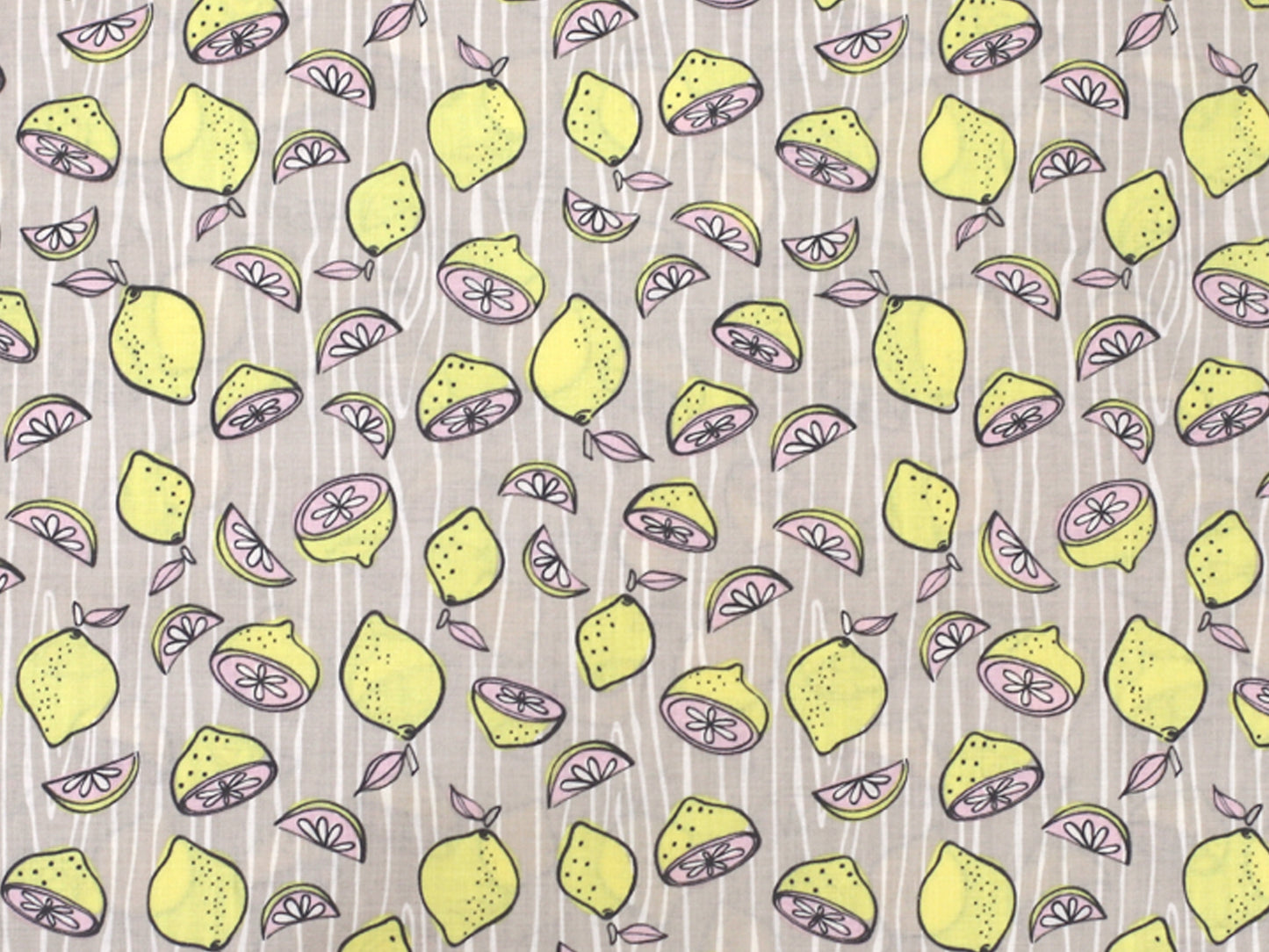 Patchworkstoff - Baumwolle Stoff - Lemonade mit bunten Zitronenmustern auf grauem Hintergrund.