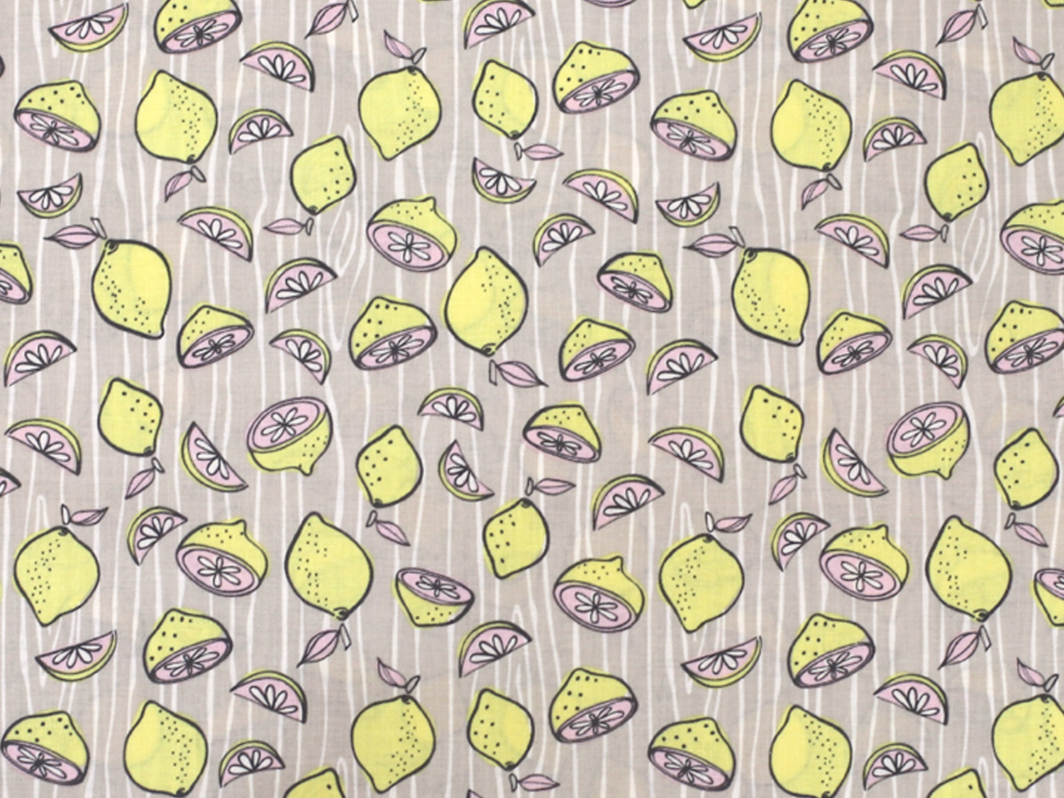 Patchworkstoff - Baumwolle Stoff - Lemonade mit bunten Zitronenmustern auf grauem Hintergrund.