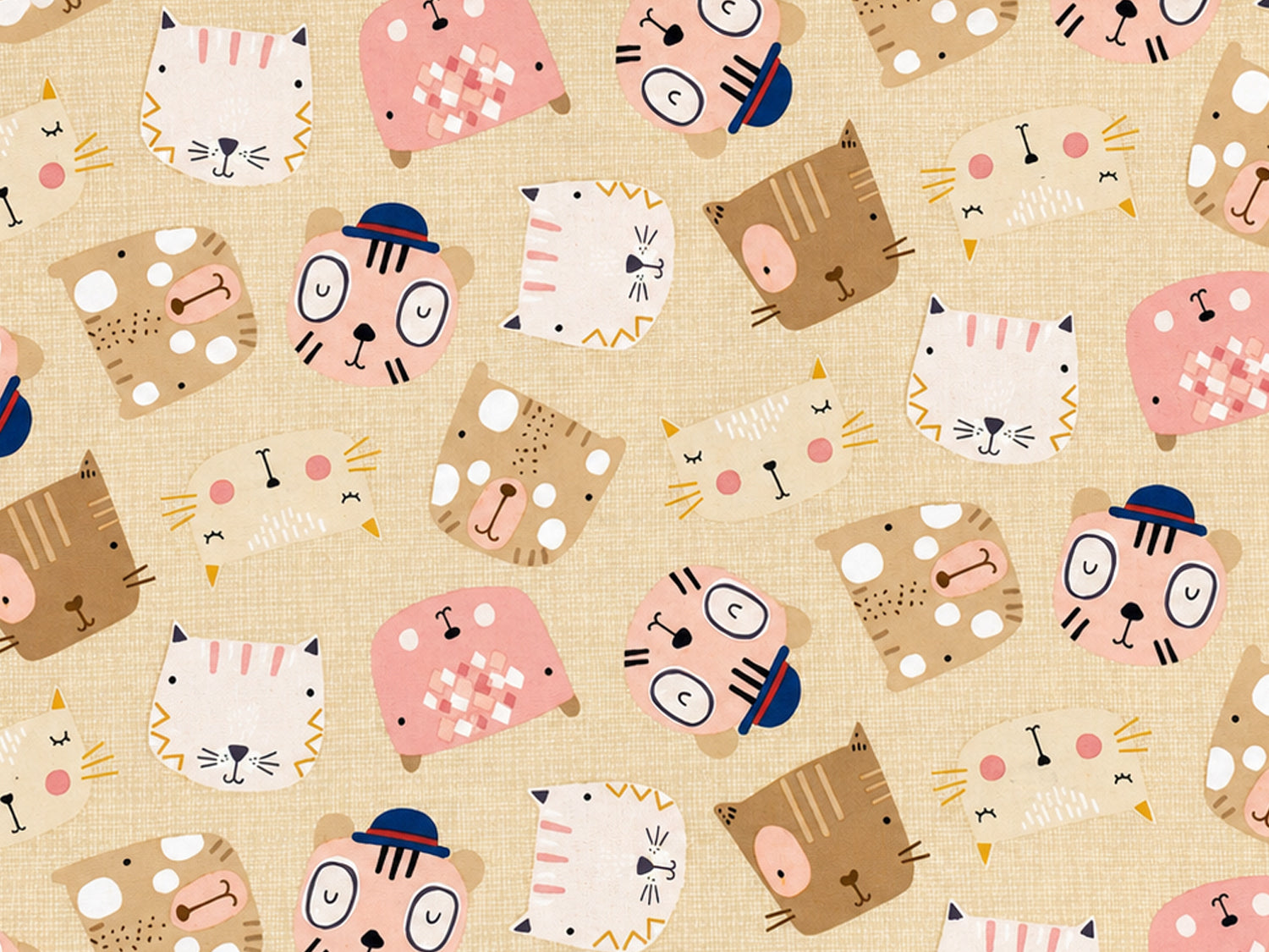 beige patchwork cotton fabric with playful animal faces and patterns, perfect for crafts and quilting.