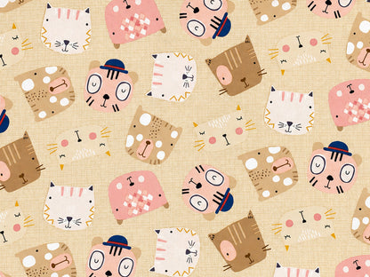 beige patchwork cotton fabric with playful animal faces and patterns, perfect for crafts and quilting.