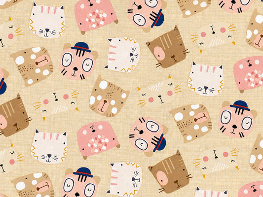 beige patchwork cotton fabric with playful animal faces and patterns, perfect for crafts and quilting.