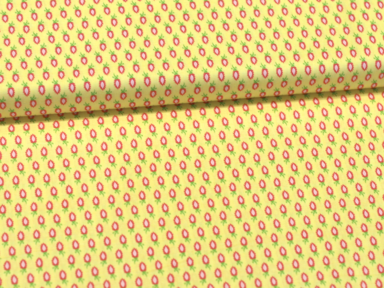 Patchworkstoff - Baumwolle Stoff - Madhuri - Gelber Stoff mit pinken und roten Mustern, geeignet für kreative Projekte.