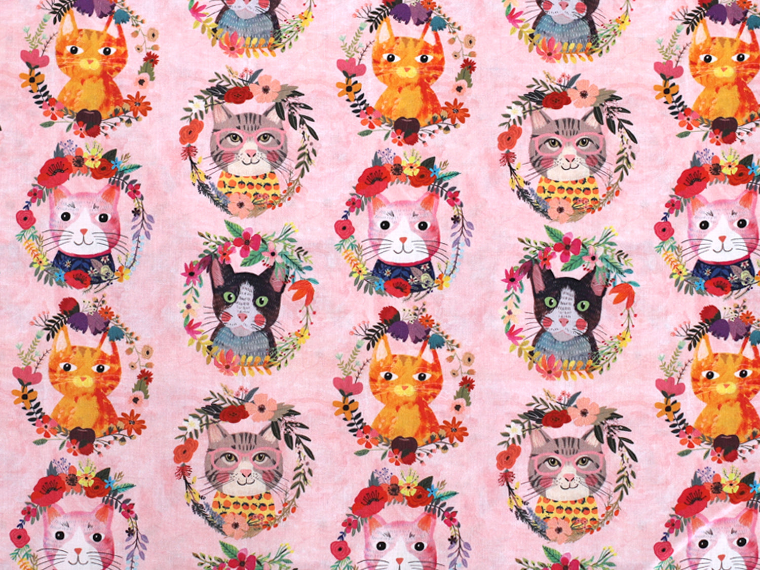 Patchworkstoff - Baumwolle Stoff - Pink Kitty Wreath mit bunten Katzen und Blumen auf pinkem Hintergrund.