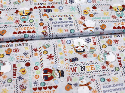 Patchworkstoff - Baumwolle Stoff -  Snowman Wordplay featuring colorful winter designs and snowmen patterns.