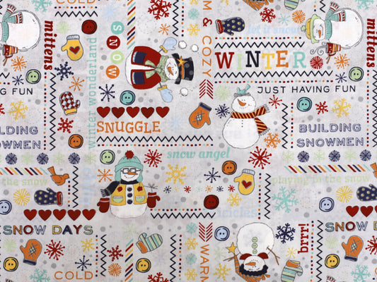 Patchworkstoff - Baumwolle Stoff -  Snowman Wordplay featuring playful snowmen, winter words, and colorful snowflakes.