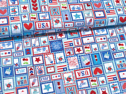 Patchworkstoff - Baumwolle Stoff - Star Spangled mit buntem, patriotischem Design aus Stempeln und Motiven.