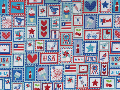 Patchworkstoff - Baumwolle Stoff - Star Spangled in rot, blau und weiß mit patriotischen Motiven und Mustern.