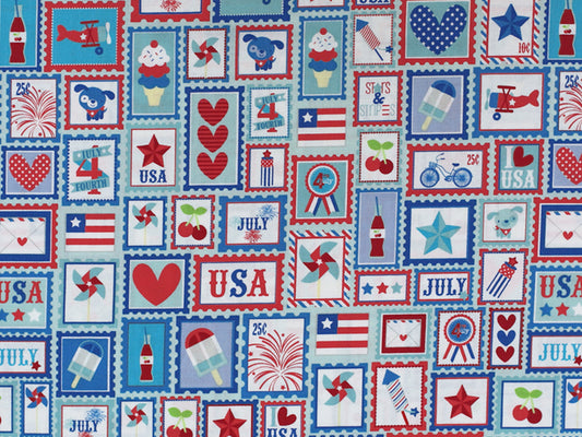 Patchworkstoff - Baumwolle Stoff - Star Spangled in rot, blau und weiß mit patriotischen Motiven und Mustern.