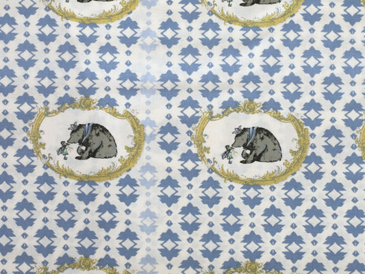 Patchworkstoff - Baumwolle Stoff - Story Time mit niedlichen Bären-Motiven und blauem Muster.