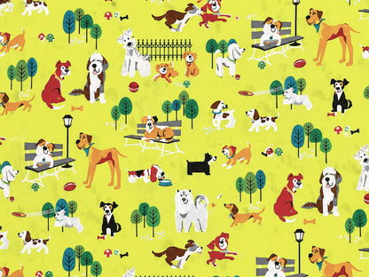 Patchworkstoff Baumwolle Stoff Dog Park mit buntem Hundemuster auf gelbem Hintergrund