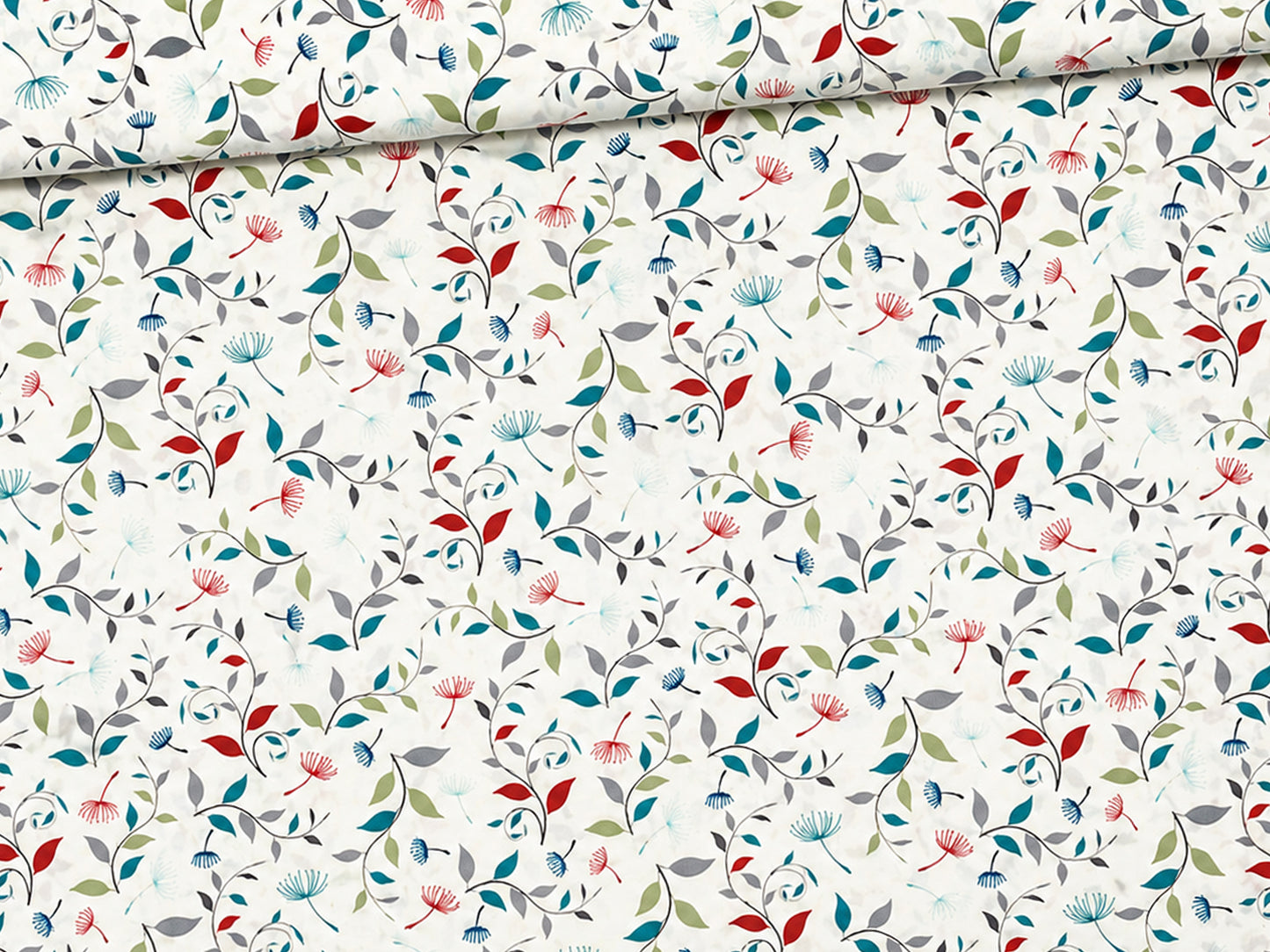 Baumwolle Patchworkstoff Songbird Dandelions - florales Design mit bunten Blüten und Blättern auf cremefarbenem Hintergrund.