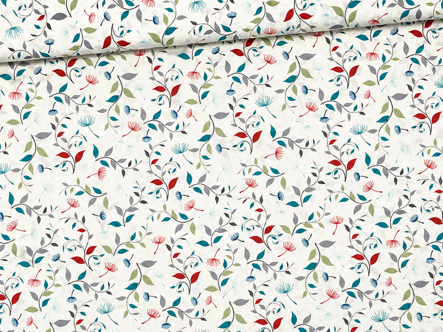 Baumwolle Patchworkstoff Songbird Dandelions - florales Design mit bunten Blüten und Blättern auf cremefarbenem Hintergrund.