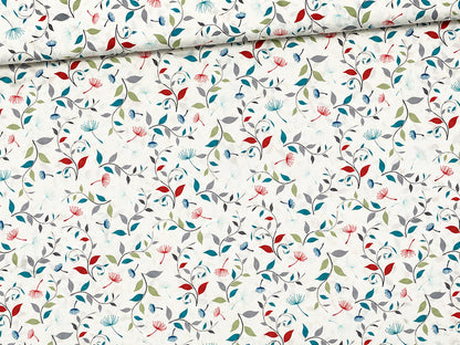 Baumwolle Patchworkstoff Songbird Dandelions - florales Design mit bunten Blüten und Blättern auf cremefarbenem Hintergrund.