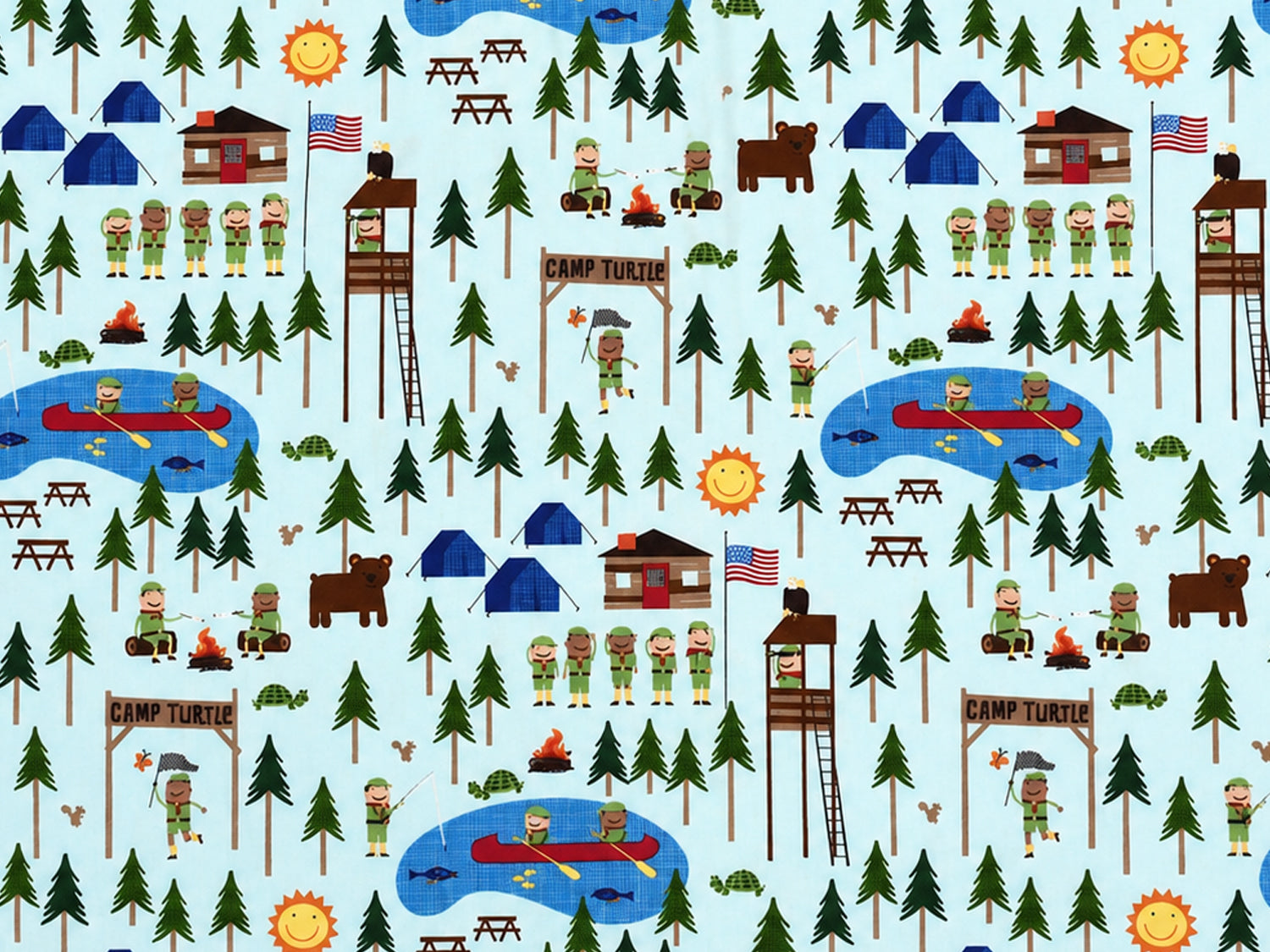 Baumwolle Patchworkstoff Camp Turtle - bunter, kindgerechter Stoff mit Campingmotiven und fröhlichen Figuren.