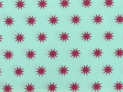 B-Ware - Patchworkstoff - Baumwolle Stoff - Vintage Stars, mintgrüner Stoff mit roten Sternen.