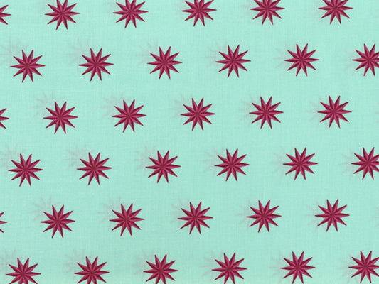 B-Ware - Patchworkstoff - Baumwolle Stoff - Vintage Stars, mintgrüner Stoff mit roten Sternen.