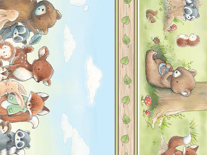Patchworkstoff - Baumwolle Stoff - Forest Friends Stripe mit Bären, Füchsen und anderen Waldtieren auf buntem Hintergrund