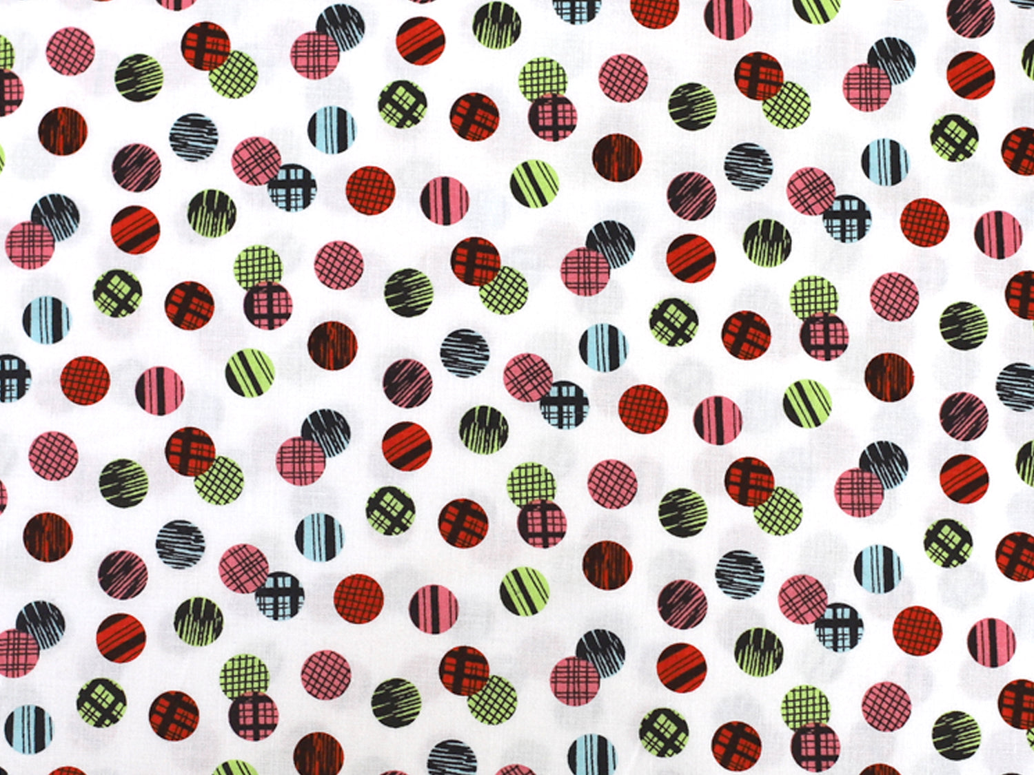 Patchworkstoff - Baumwolle Stoff - Flower Shop Dots, bunte Punkte auf weißem Hintergrund, ideal für kreative Nähprojekte.