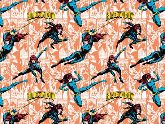 stoff-baumwolle-patchwork-panel-marvel-comics-black-widow-in-orange