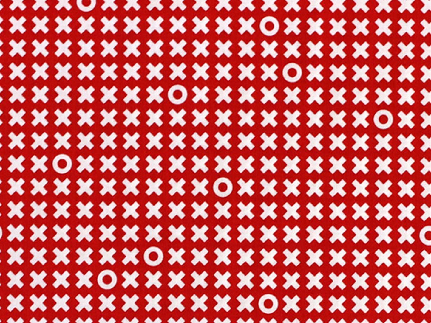 Patchworkstoff - Baumwolle Stoff - XOXO, rot mit rotem Hintergrund und weißen X und O Mustern.