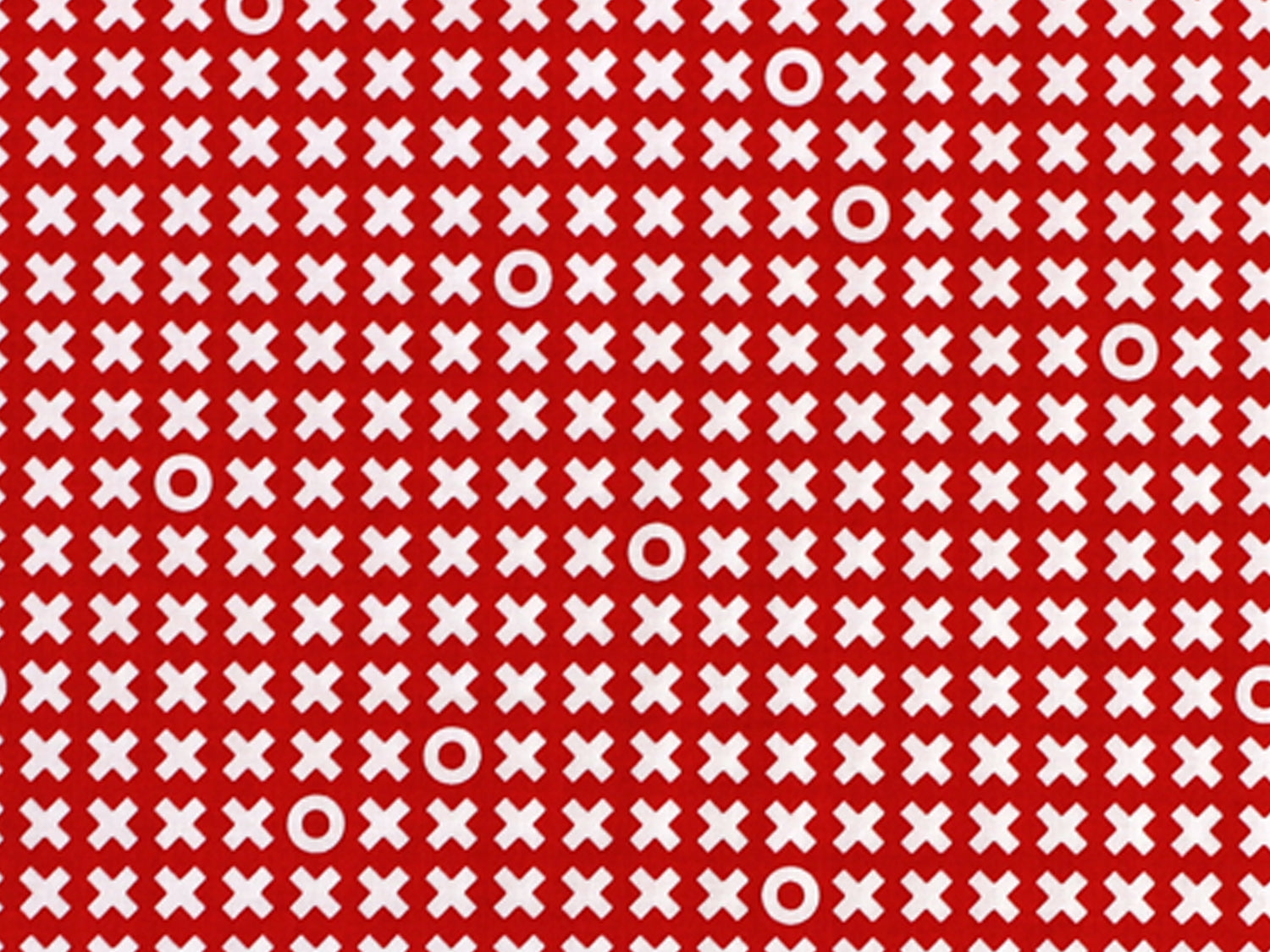 Patchworkstoff - Baumwolle Stoff - XOXO, rot mit rotem Hintergrund und weißen X und O Mustern.