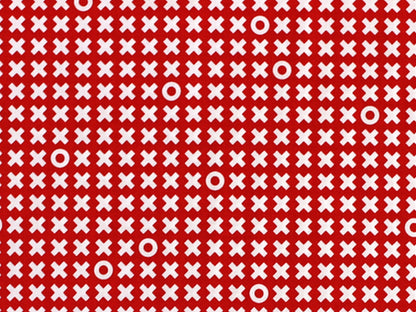Patchworkstoff - Baumwolle Stoff - XOXO, rot mit rotem Hintergrund und weißen X und O Mustern.