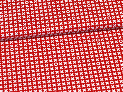 Patchworkstoff - Baumwolle Stoff - XOXO, rot mit rotem Hintergrund und weißen X- und O-Mustern