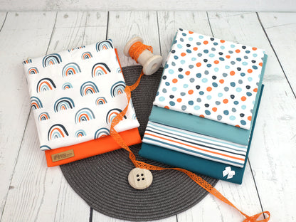 stoff-baumwolle-tupfen-jersey-streifen-regenbogen-orange