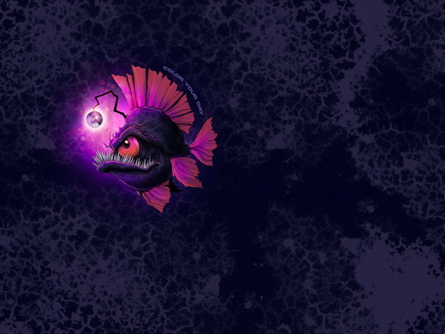 Anglerfish design featuring vibrant colors and glowing lure on a dark textured background.