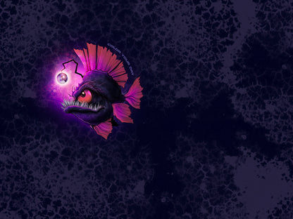Anglerfish design featuring vibrant colors and glowing lure on a dark textured background.