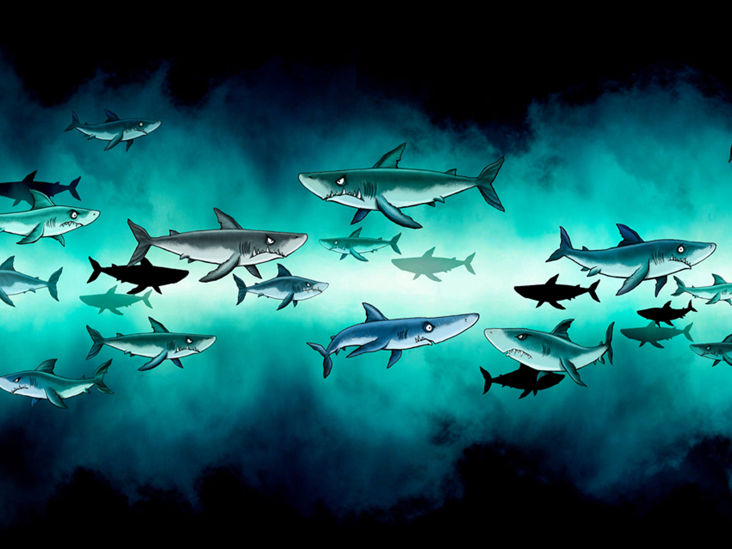 French Terry PANEL - Thorsten Berger - Shark Tank design featuring various stylized sharks in underwater scene.