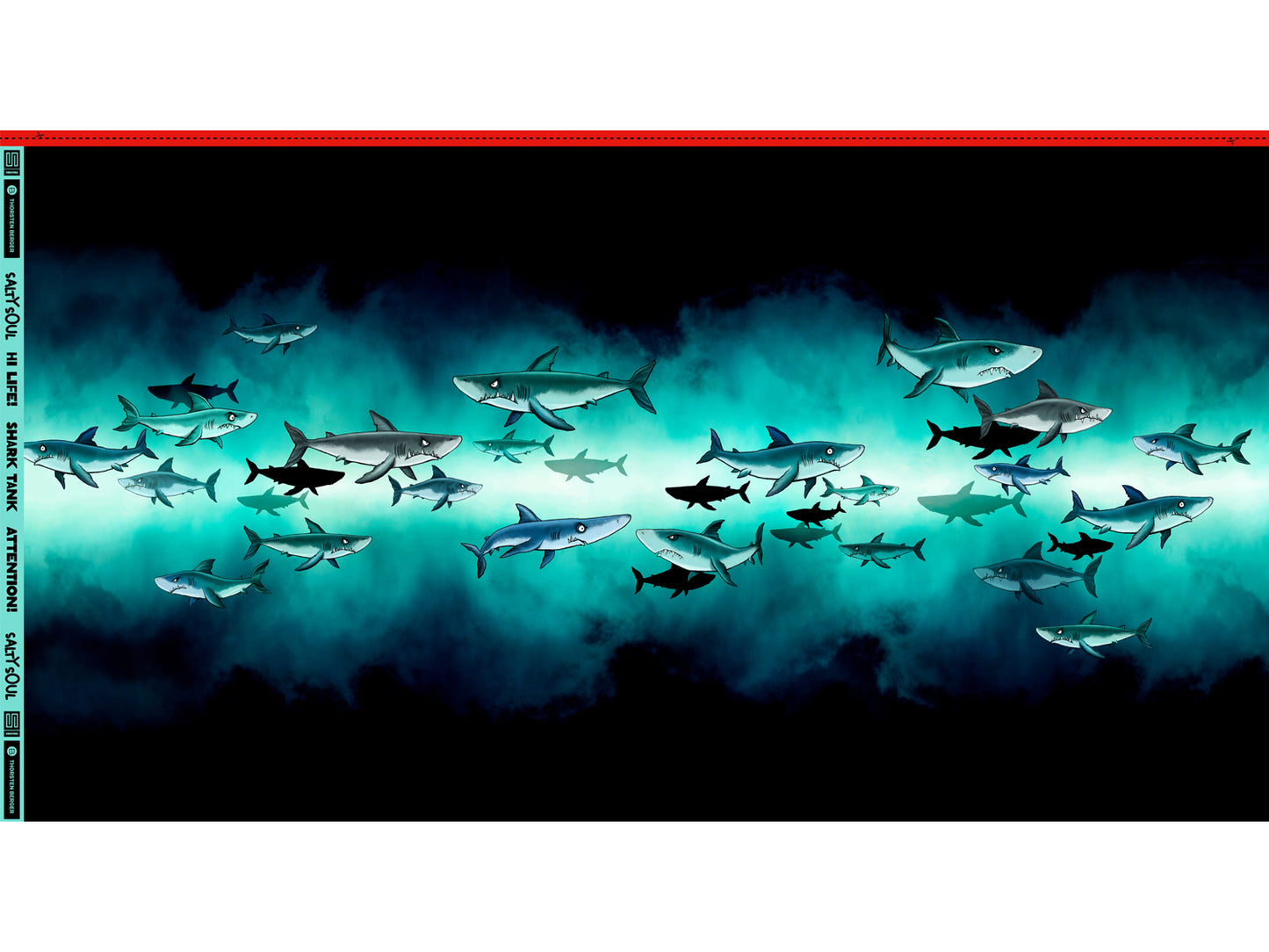 French Terry PANEL - Thorsten Berger - Shark Tank design featuring a dynamic array of swimming sharks.