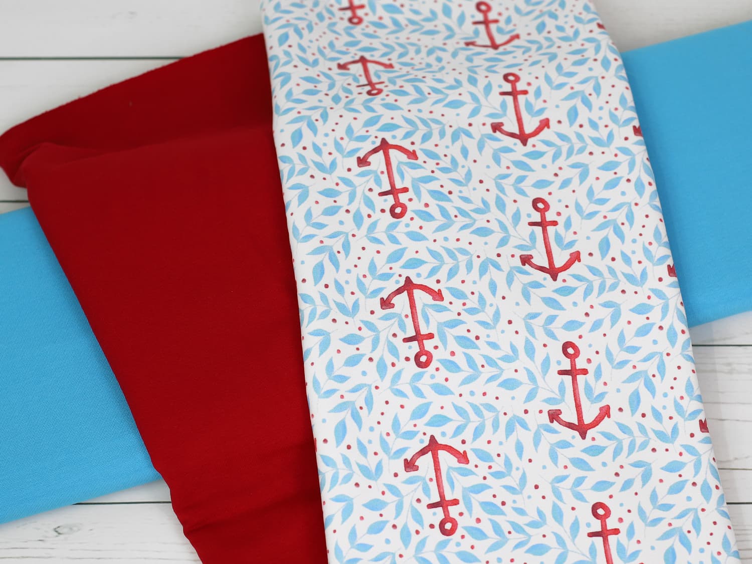 stoff-french-terry-sommersweat-baumwolle-kathi-kunterbunt-watercolor-aquarell-leaves-anker-anchor-helltuerkis-burgundy-kombi