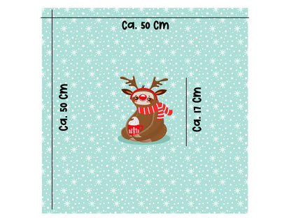 French Terry Merry Slothmas Panel mit einer verspielten Faultier Illustration auf einem Schneeflocken Hintergrund mit den, Dimensionen 50x50 cm.