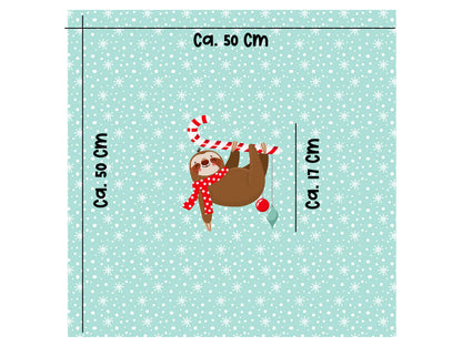 French Terry Merry Slothmas panel featuring a sloth with a candy cane on a snowflake background, dimensions 50 x 50 cm.
