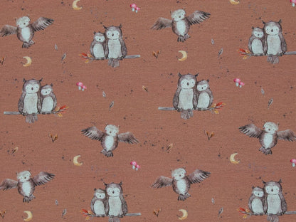 stoff-french-terry-sommersweat-baumwolle-swafing-zielinski-forest-friends-eule-terracotta-hell