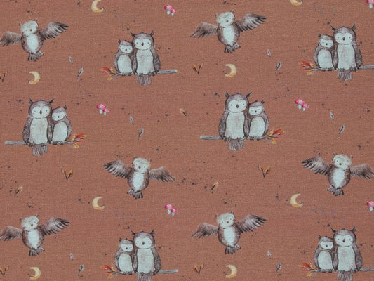 stoff-french-terry-sommersweat-baumwolle-swafing-zielinski-forest-friends-eule-terracotta-hell