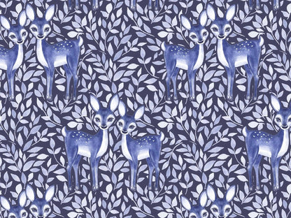 stoff-french-terry-sommersweat-baumwolle-sweat-winter-herbst-floral-flower-reh-waldtiere-wald-blau