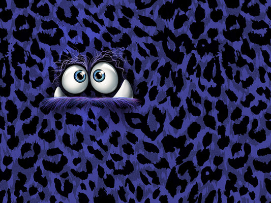French Terry panel fabric featuring a playful monster design with blue and black leopard print.