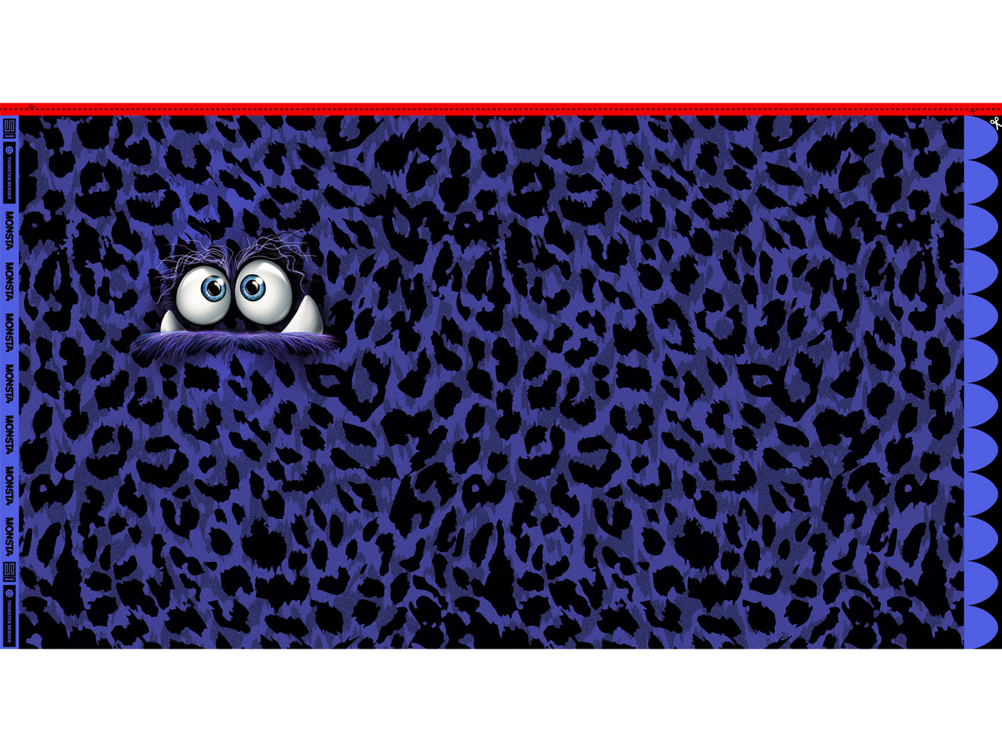 French Terry panel fabric featuring a playful purple leopard print with large expressive eyes
