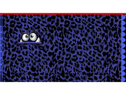 French Terry panel fabric featuring a playful purple leopard print with large expressive eyes